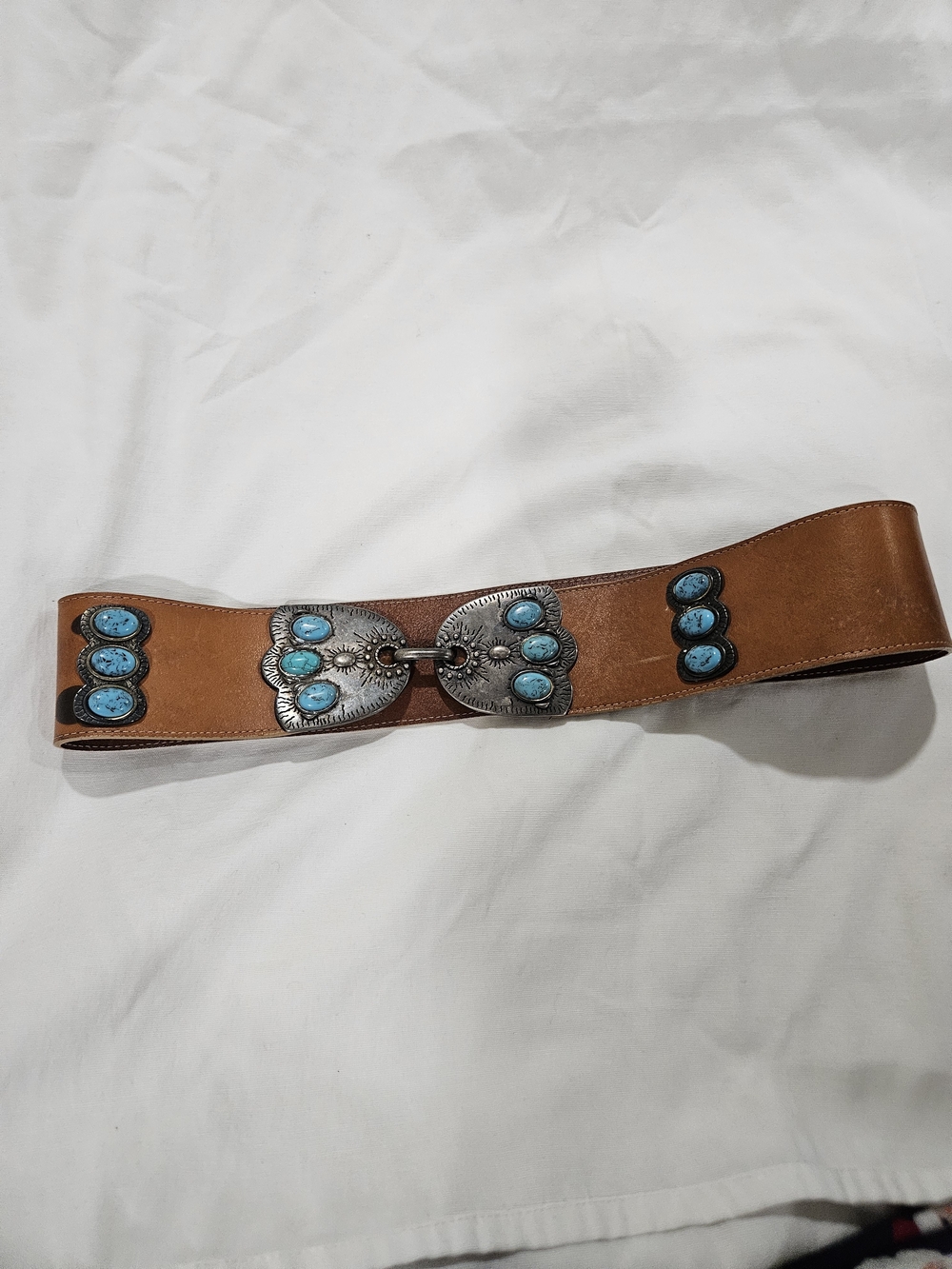 Vintage Turquoise Accent Brown Leather Women's Belt